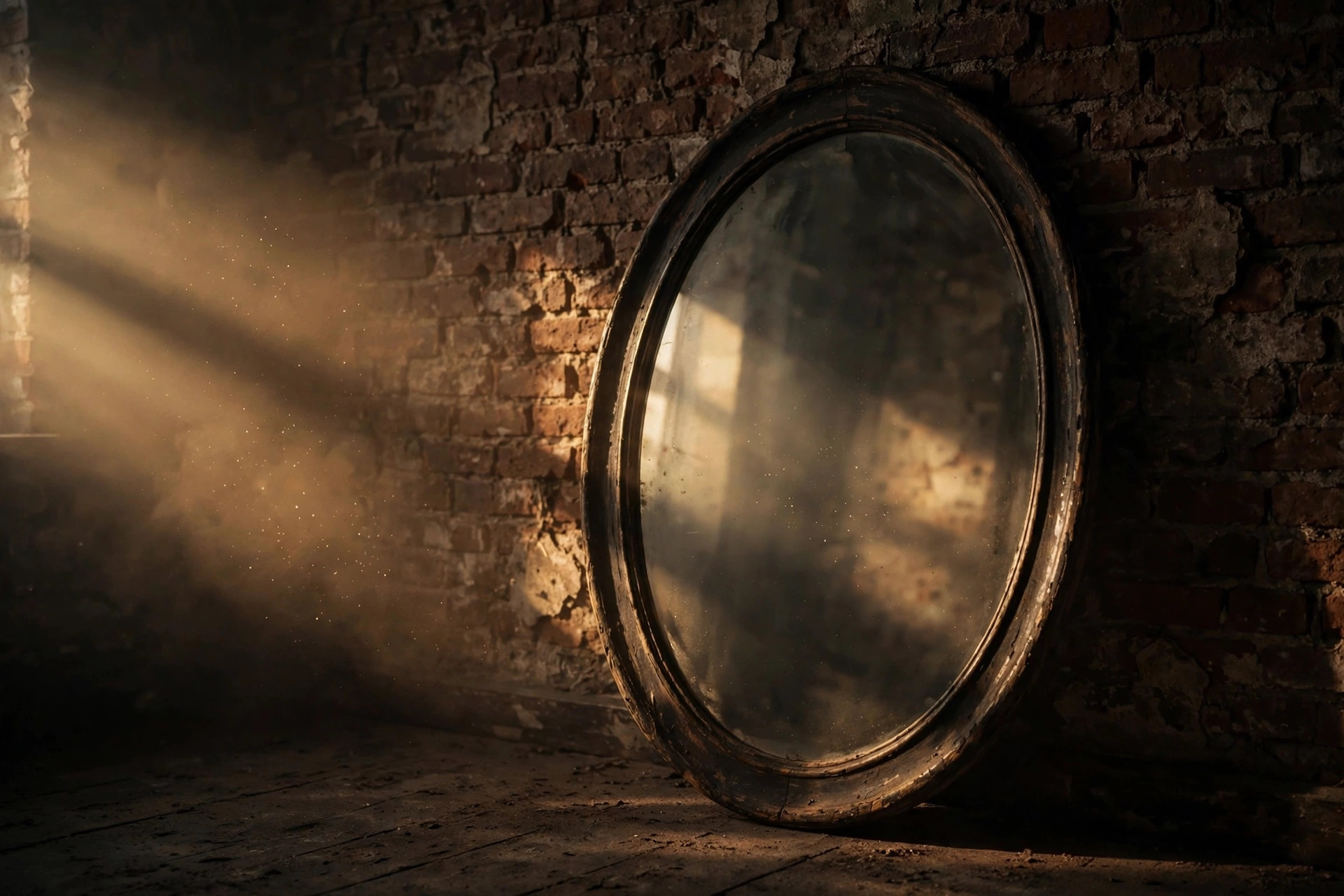 An old mirror against a brick wall